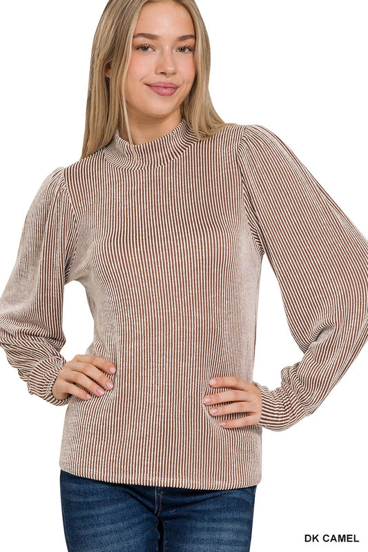 RIBBED MOCK NECK PUFF LONG SLEEVE TOP