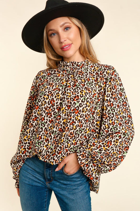 FRILLED MOCK NECK WITH BUTTON LEOPARD TOP