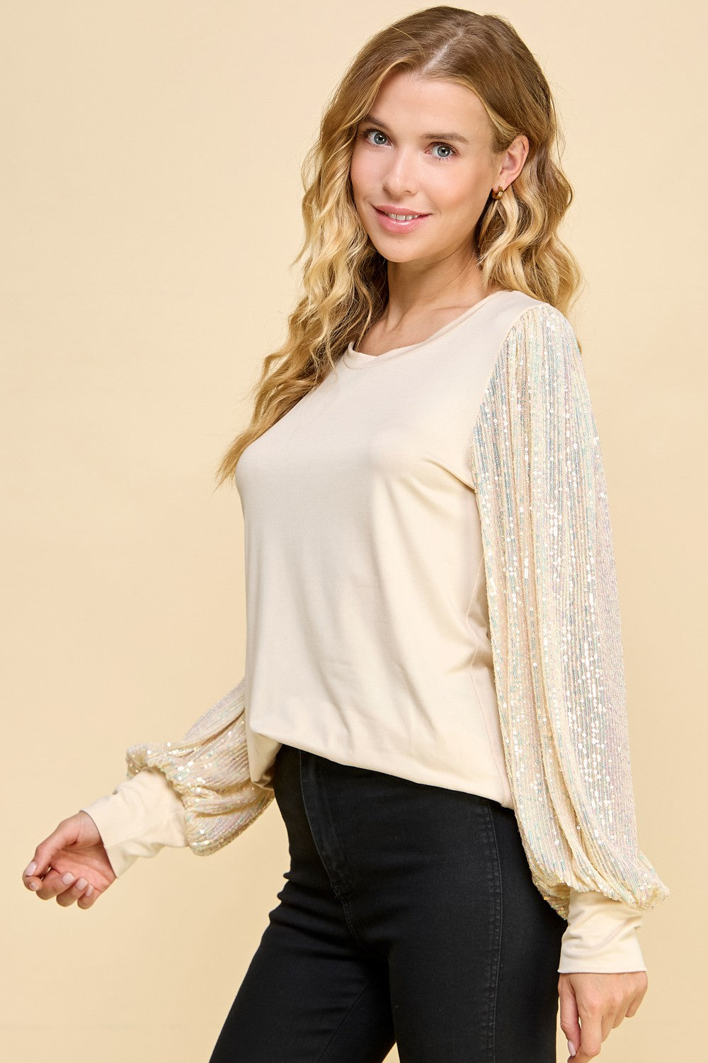 Solid Top with Sequins Detailed Sleeves